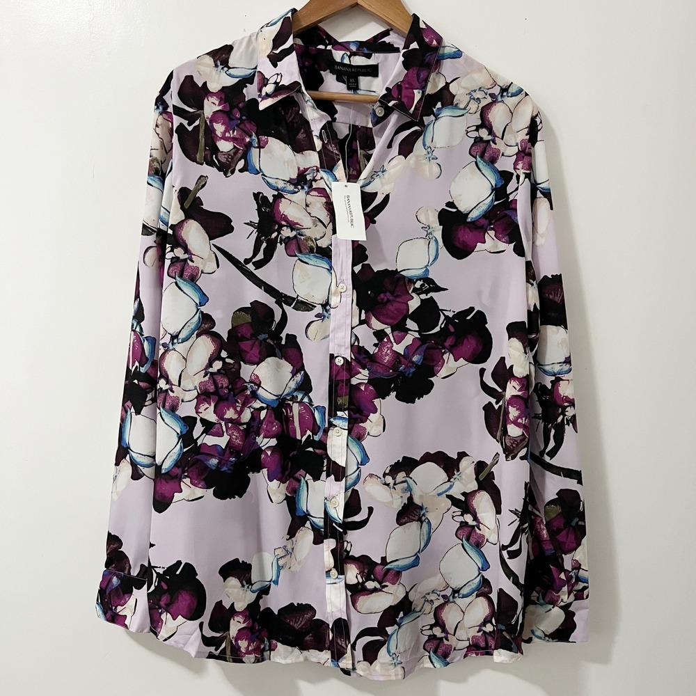 Banana Republic Womens XL Floral Button Down Shirt Lavender Orchid Print NWT
